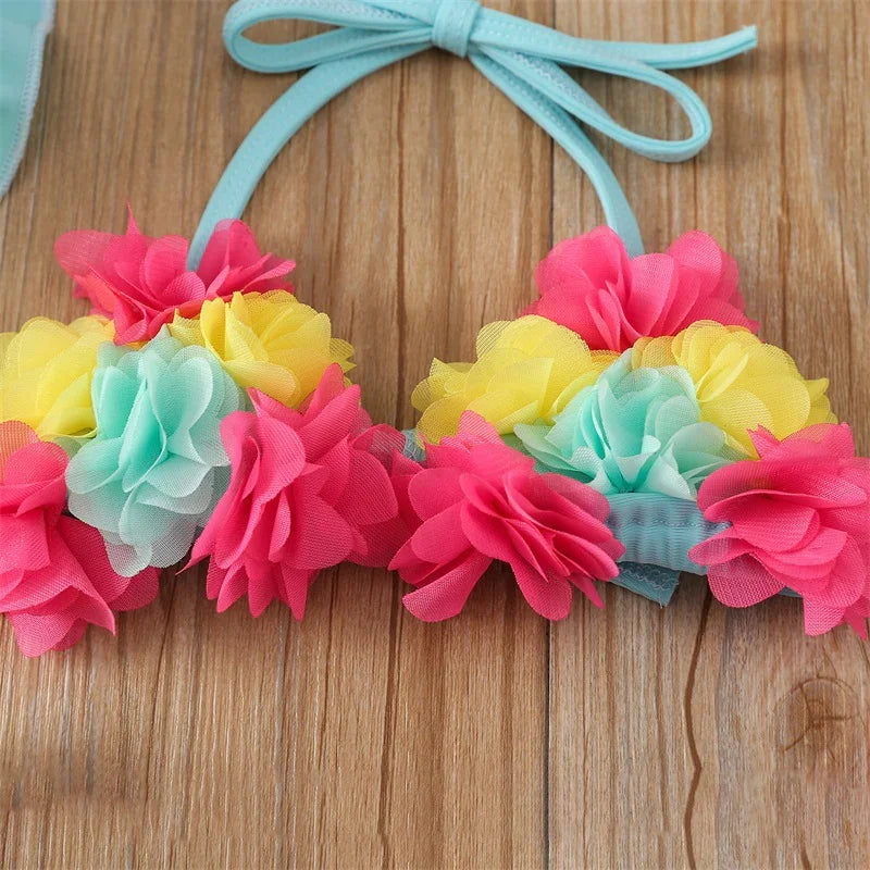 Infant Baby Girl Swimsuit 3D Flower Sleeveless Halter Tank Top Bikini Bottom with Sun Hat Set 0-24M
