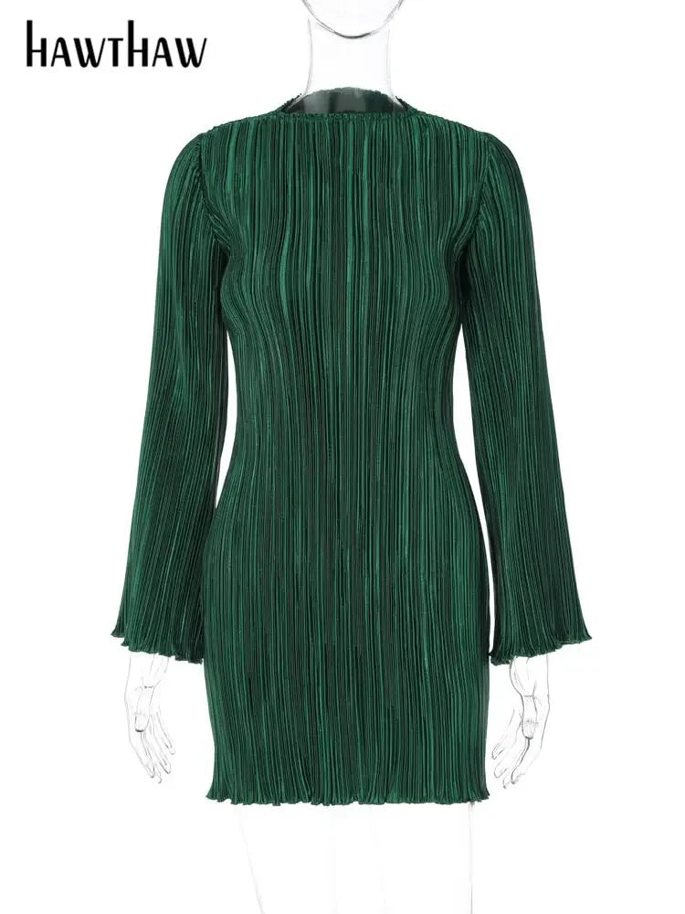 Hawthaw Women Elegant Long Sleeve Streetwear Bodycon Green Fall Mini Dress 2022 Autumn Clothes Wholesale Items For Business