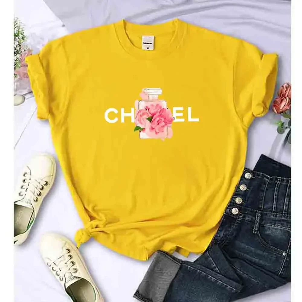 Women Summer T-Shirt Alphabet Flowers Perfume Print Cotton Tees Luxury Short Sleeve Tee Solid Color Street Y2K Top Female Cloth