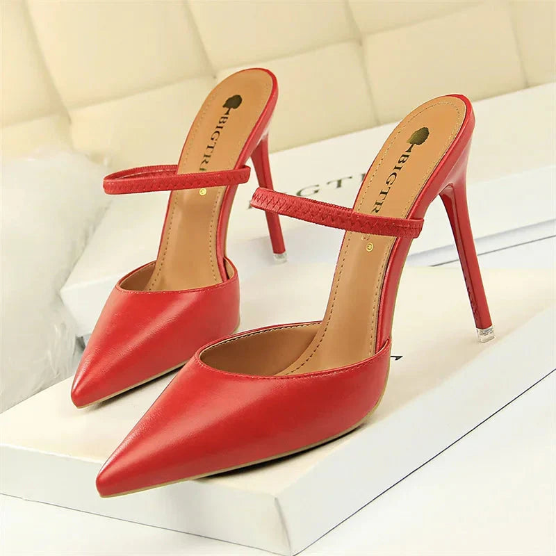 Summer Retro Simple Women Shallow Mouth Thin High Heels Mules Slingbacks Slippers Pointed Toe Hollow Wedding Slip On Pumps Shoes