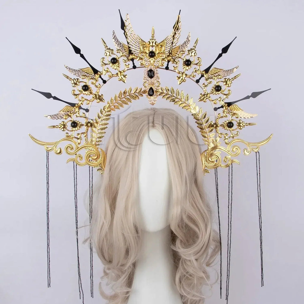 Sun Goddess Angel KC Halo Crown Headpiece Queen Anna Baroque Pearl Tiara Headband Lolita Collection Gothic Accessories