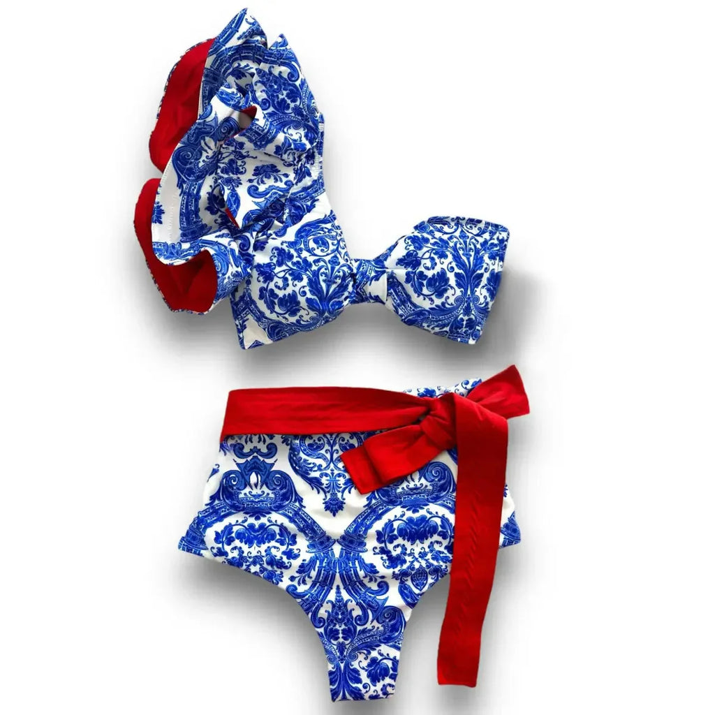 2024 Sexy Bikini Set Women High Waist Classic Off Solid Ruffle Sleeves Swimwear Red Separate Deep V Swimsuit Vintage Beach Set