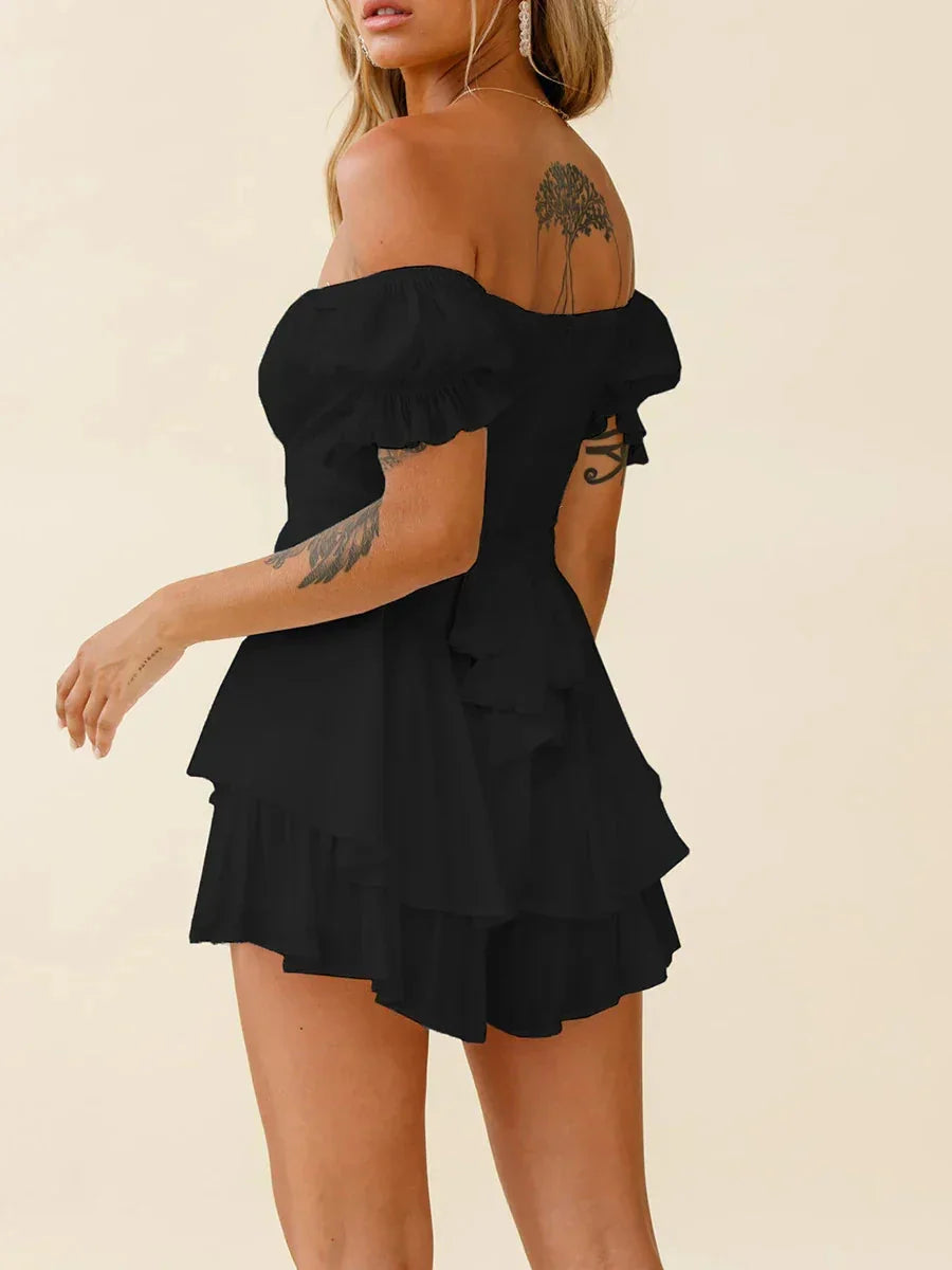 Women s Boho Off Shoulder Romper Double Layer Ruffle Hem Lantern Long Sleeve Waist Tie Back Chiffon Short Jumpsuits