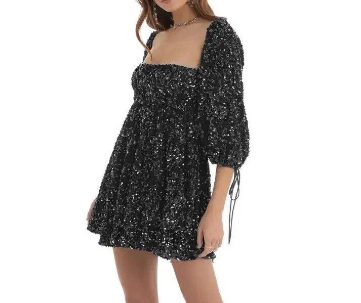 New Fashion Sexy Sequin Short Sleeve Square Neck Solid Color Slim Fit Dress For Women,5 Colors