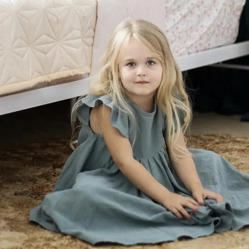 Kids Ruffle Sleeve Solid Linen Dress