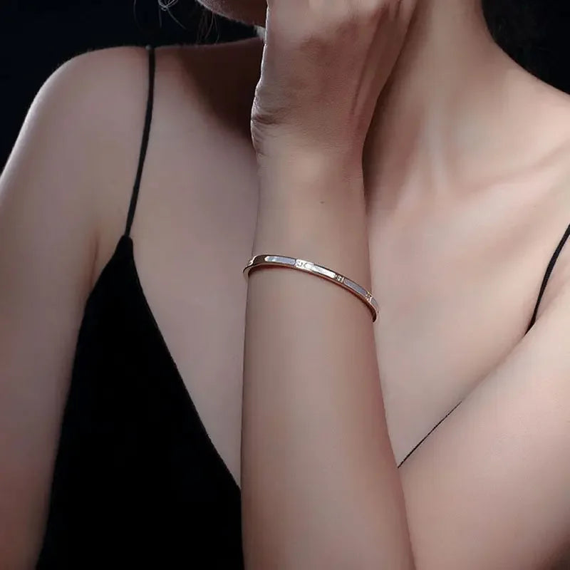 Luxury Natural Shell With Zircon Bangle Bracelets Stainless Steel for Woman's Jewelry Rose Gold Color Wristband Bangles Gift