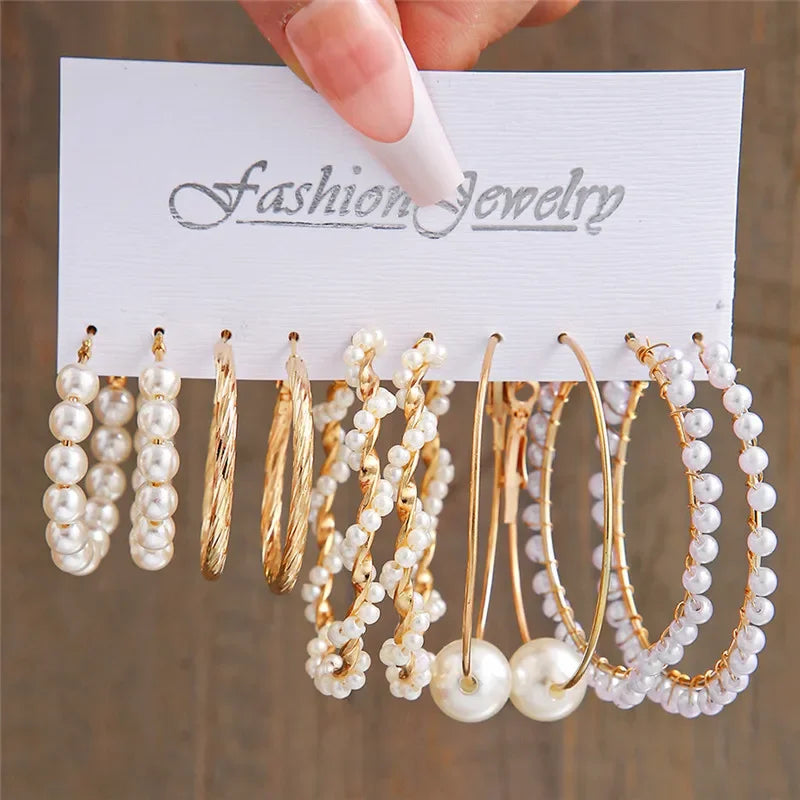 Boho Big Circle Hoop Earring Set for Women, Gold Color Bohemia Vintage Pearl Earring, Heart Zircon Ear Studs Jewelry Gifts