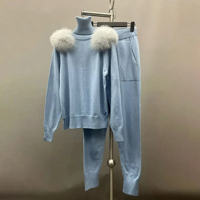 Women's Wool & Fox Fur Collar Knit Outfit