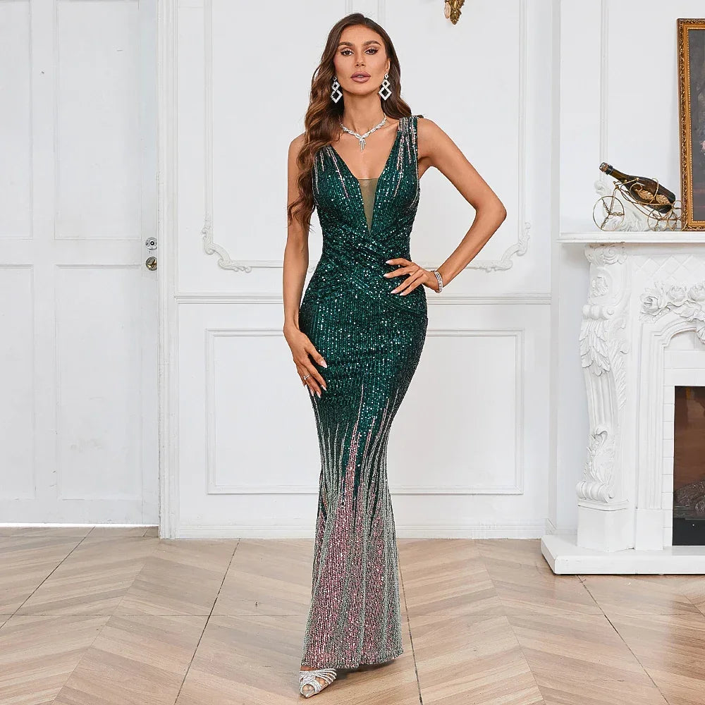 Gold Deep V Sequin Evening Dress