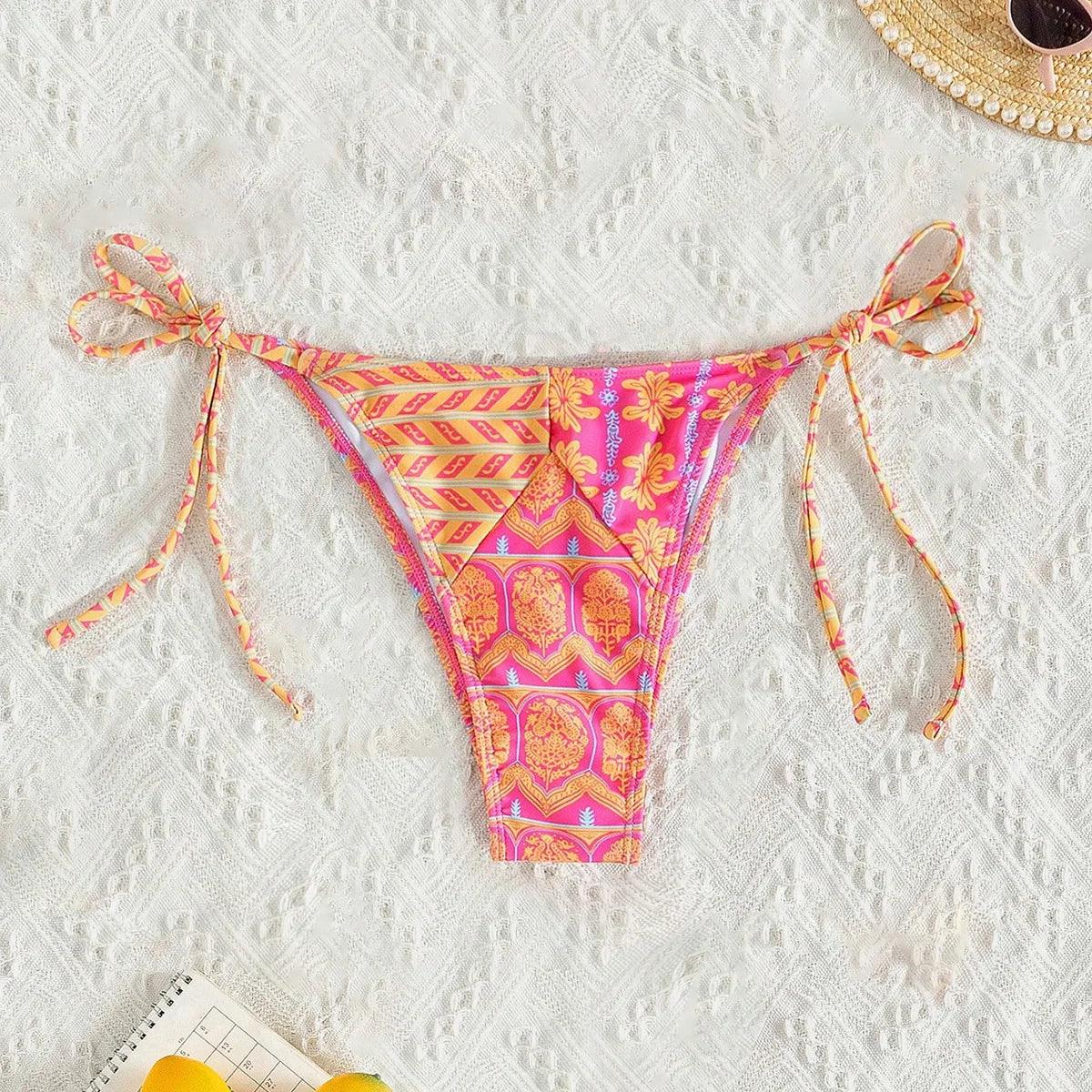Bohemian Print Swimwear Low-waist Female Beach Set Tie Straps Women Swimming Suit Triangle Bra with Pad