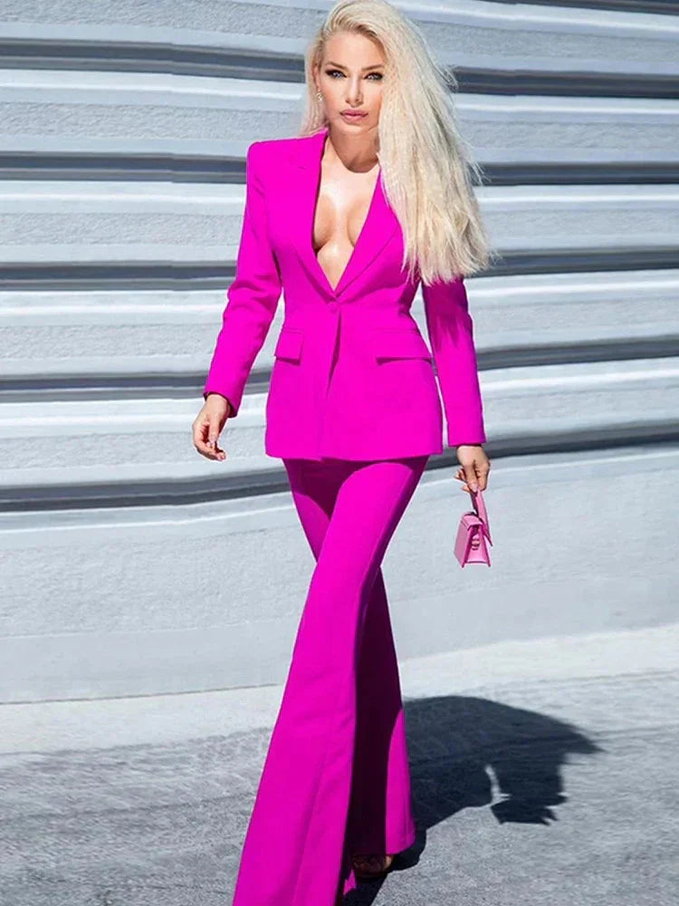 Single Button Flared Pants Blazer + Pants Suit Set