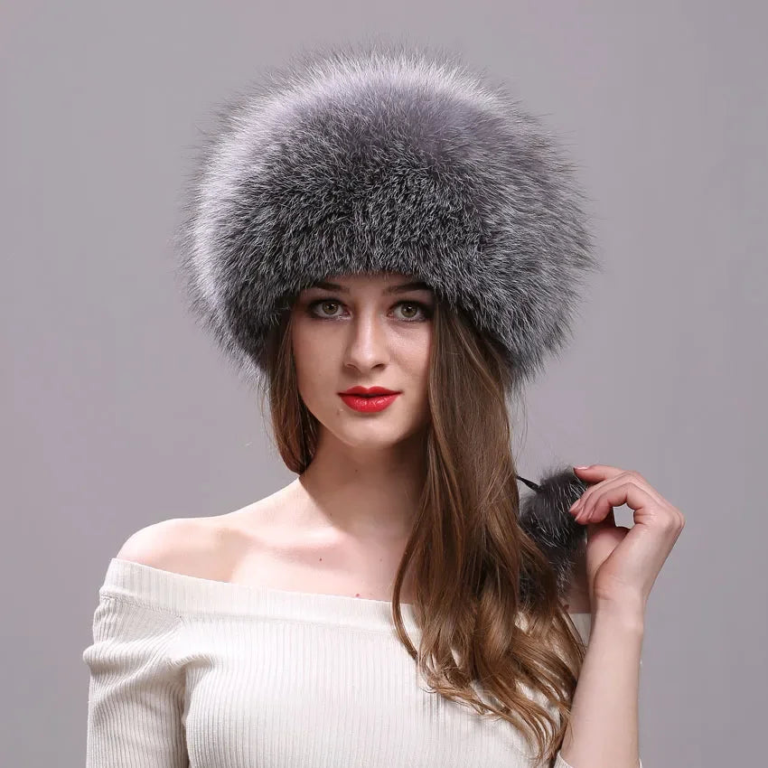 Real Fox Fur Hat for Women with Leather Top Mongolian Princess Hat with Pompom Winter Warm beanie Russian Cap Bonnets for Women