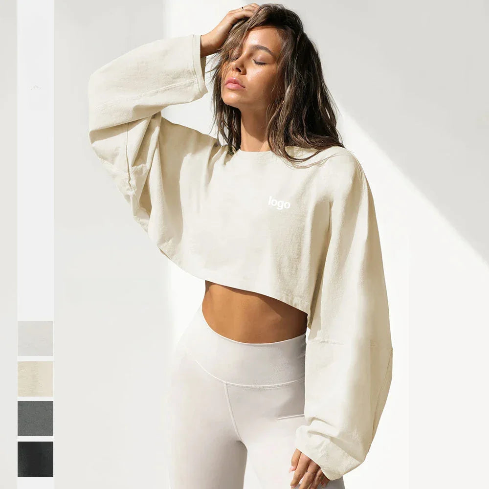 LO Casual Women's T-shirt Long Sleeved Top Knitted Sweater Clothing Round Neck Top Women's Short Sports Yoga Top