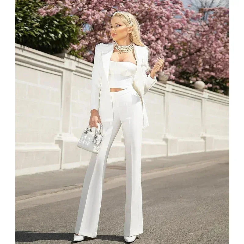 Single Button Flared Pants Blazer + Pants Suit Set