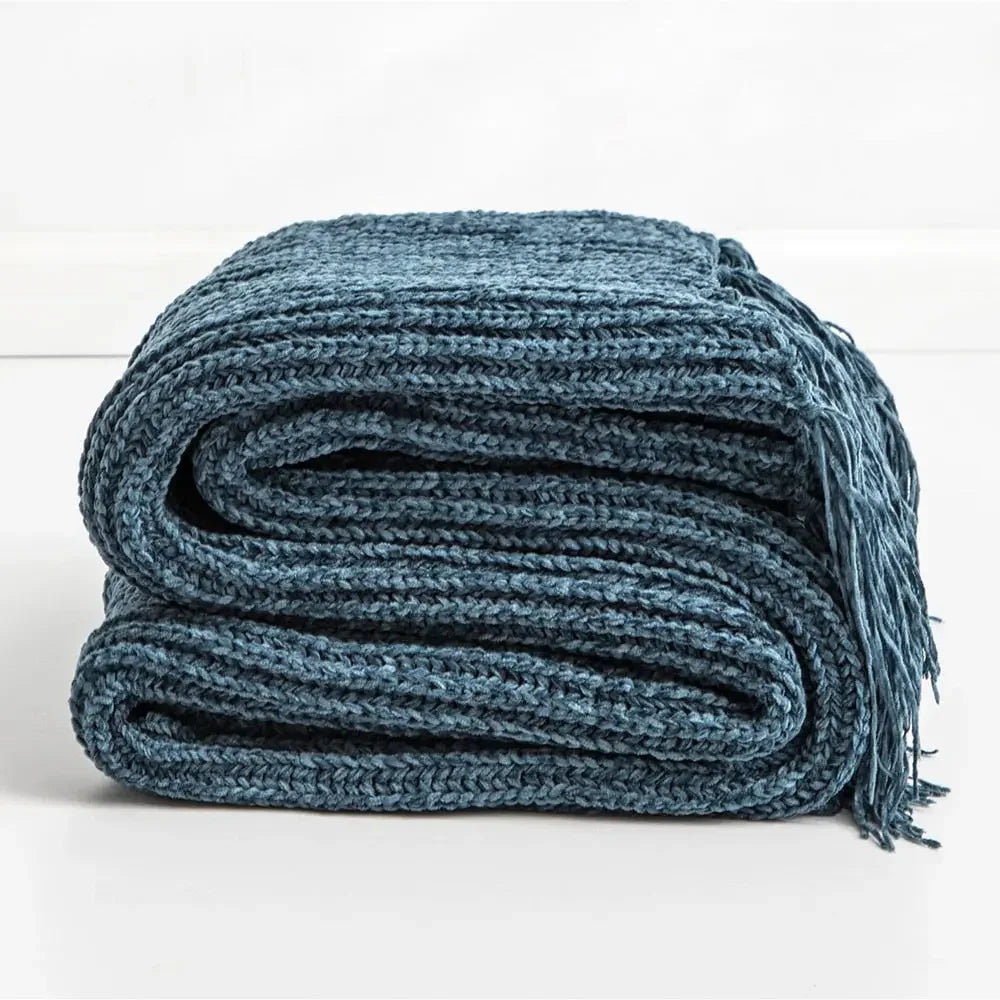 Chunky Knit Chenille Blanket With Pompoms