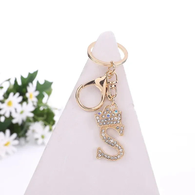 Luxury Crown 26 Letter Metal Keyring Fashion Rhinestone Keychain