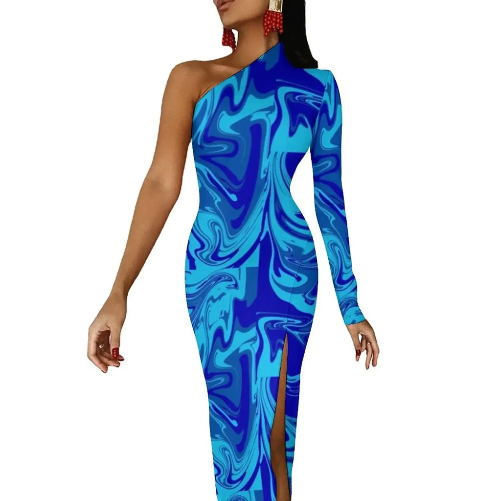 Neon Paint Long Dress Women Graffiti Splatter Print Party Maxi Dress Summer Long Sleeve Sexy Bodycon Dresses Side Split Clothes