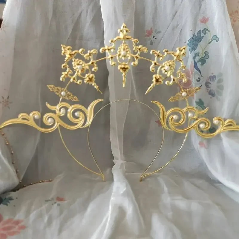 Sun Goddess Angel KC Halo Crown Headpiece Queen Anna Baroque Pearl Tiara Headband Lolita Collection Gothic Accessories