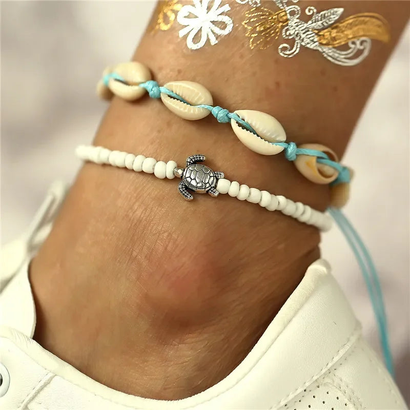Modyle Vintage Silver Color Beads Starfish Anklets For Women Handmade Beaded Ankle Bracelet Summer Beach Foot Jewelry