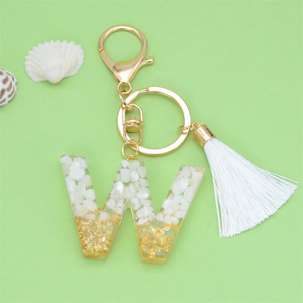 Fashion Bling A to Z Letter Keychain With White Tassel 26 Initial Keychain Car Key Holder Handbag Accessories