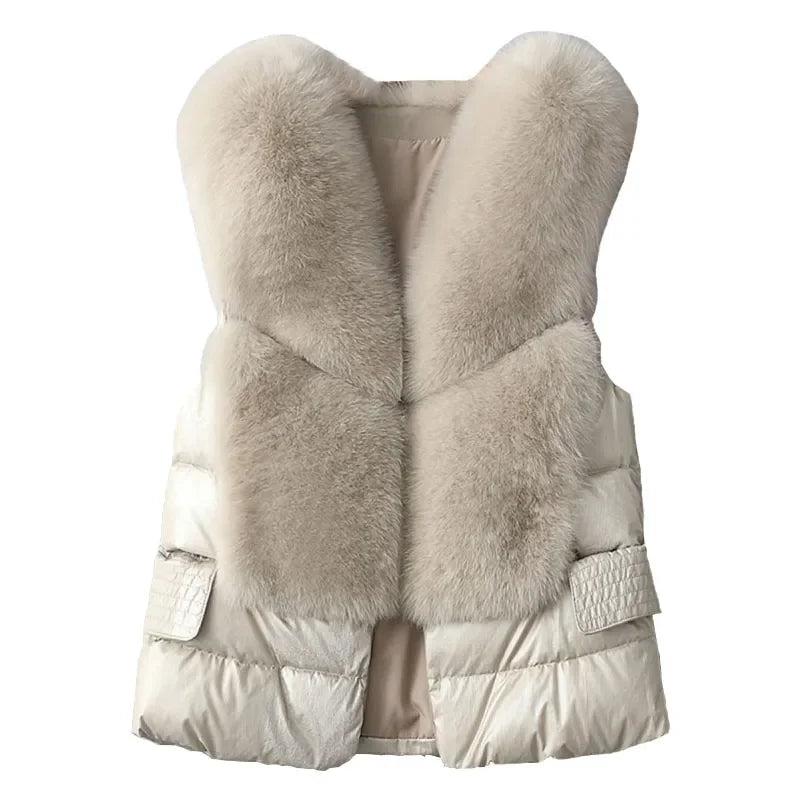 Leather and Fur Vest Women's Short Down Feather Imitation Fox Slim Temperament Jacket 23 New Autumn and Winter Fashion All-match