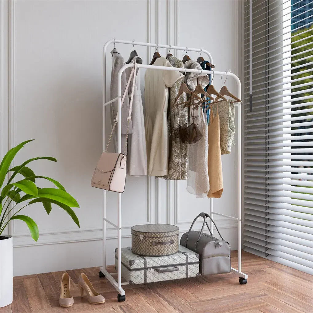 Heavy Duty Rolling Double Rod Clothes Rack