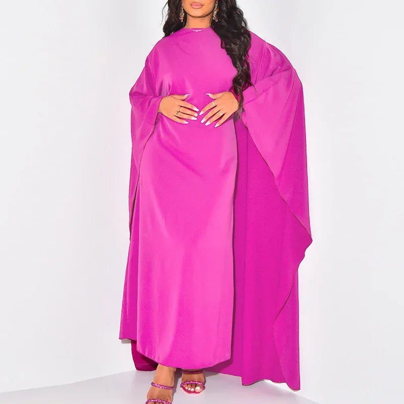 Chic Simple Basic Color Solid Long Robe Elegant O Neck Batwing Sleeve Commute Dress Casual Women Fashion Loose Swing Party Dress