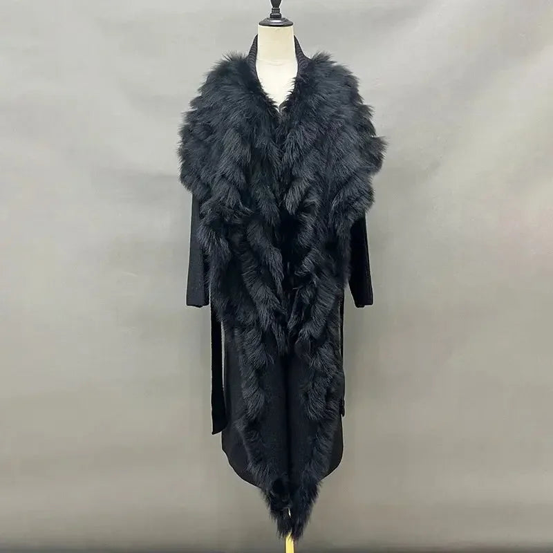 Lady Fashion Sweater Autumn Winter Long Coat 2023 Women's Knitted Cardigan Fox Fur Trim Belt