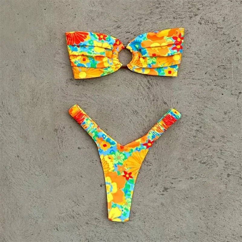 Para Praia Print Bandeau Swimsuit 2023 Sexy Thong Swimwear Women Brazilian Bikini Set Strapless Biquini Beachwear Bathing Suit
