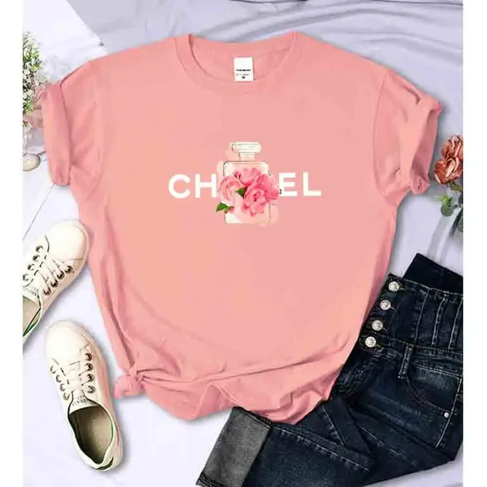 Women Summer T-Shirt Alphabet Flowers Perfume Print Cotton Tees Luxury Short Sleeve Tee Solid Color Street Y2K Top Female Cloth
