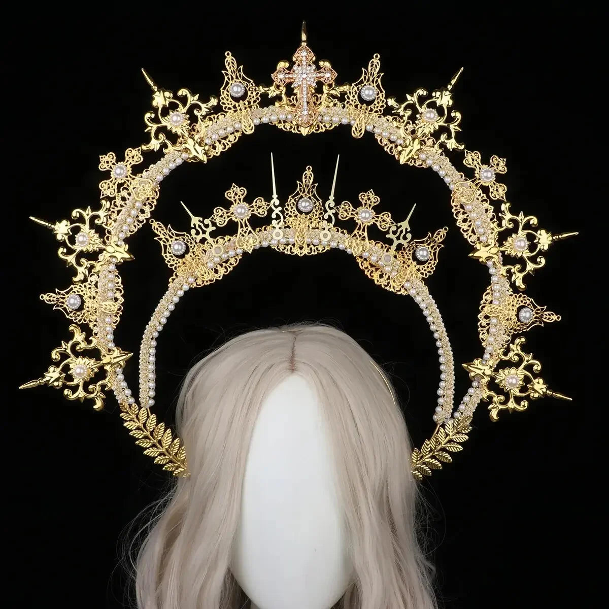 Sun Goddess Angel KC Halo Crown Headpiece Queen Anna Baroque Pearl Tiara Headband Lolita Collection Gothic Accessories
