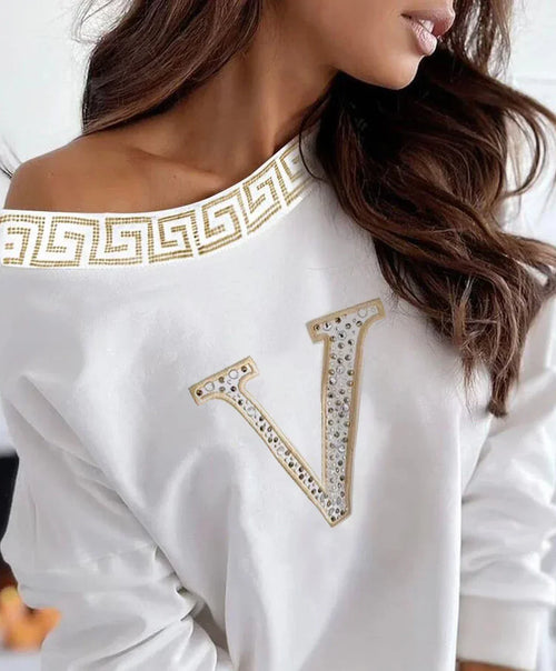 Autumn Women Sexy Print Oblique Collar Fashion T-shirts Rhinestone Letter Long Sleeve Casual Top