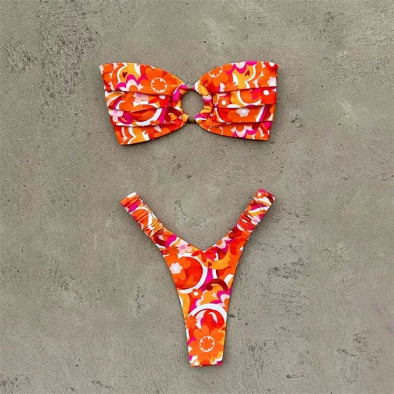 Para Praia Print Bandeau Swimsuit 2023 Sexy Thong Swimwear Women Brazilian Bikini Set Strapless Biquini Beachwear Bathing Suit