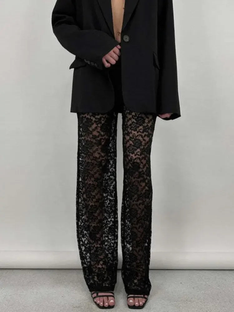 JULISSA MO 2023 Summer See Through Lace High Waist Pants For Women Wide Leg Baggy Trousers Solid Fashion Straight Casual