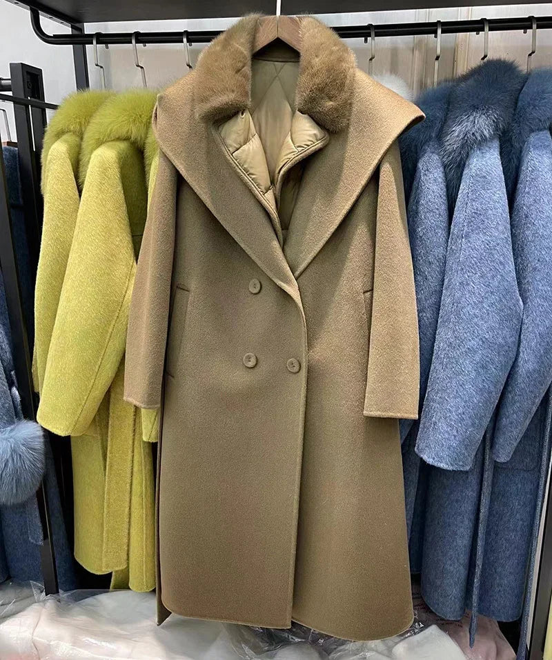 2024 Lady Winter Wool Coats Elegant Natural Fur Long Trench Coats Women Mink Fur Collar Down Coats