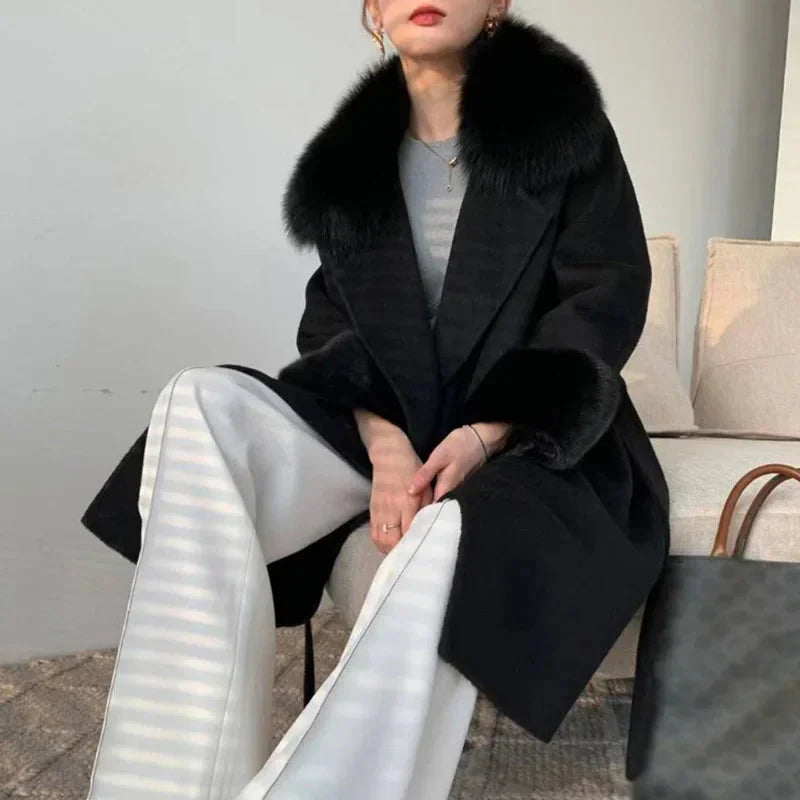 2024 Women Fashion Cashmere Coats 100% Real Mink Fur Cuff Long Outerwear Wool Jackets Fox Collar Lady Clothing
