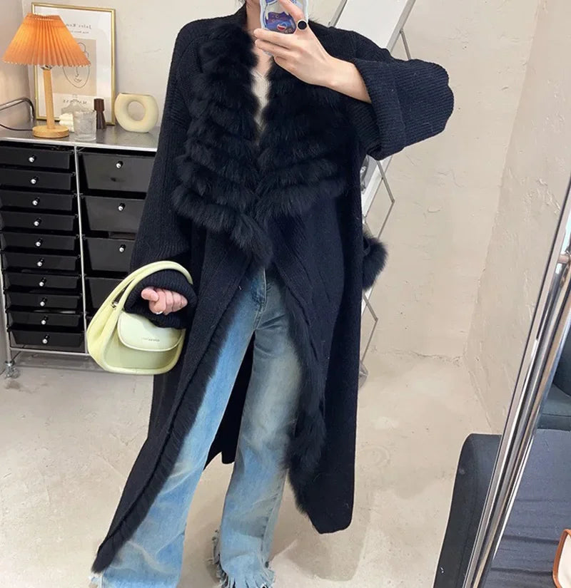 Lady Fashion Sweater Autumn Winter Long Coat 2023 Women's Knitted Cardigan Fox Fur Trim Belt