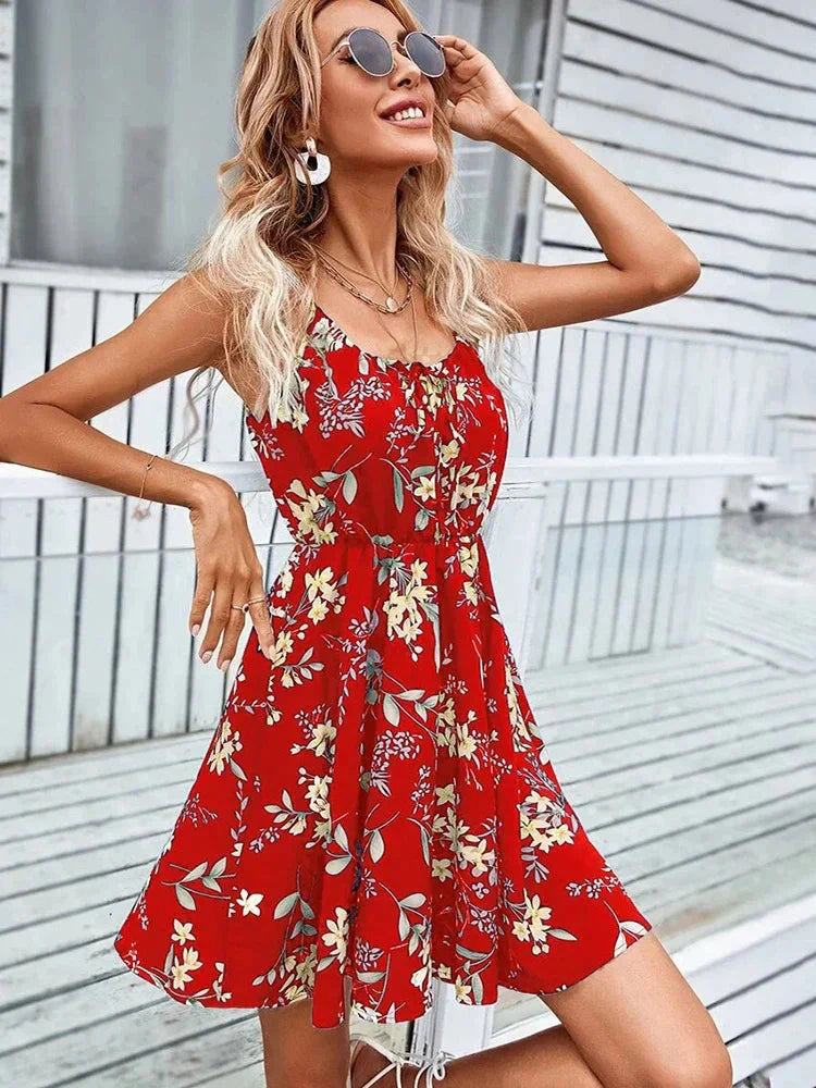 Sexy Floral Print Short Dress Women Summer Fashion Black Backless Beach Sundress Casual Sleeveless Lace-up New In Dresses 2024