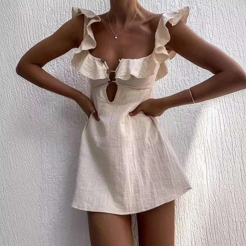 Summer Hollow Out Button Ruffles Short Dress Sexy V Neck Sleeveless Solid Color Dress New Holiday Beach Cotton Linen Mini Dress