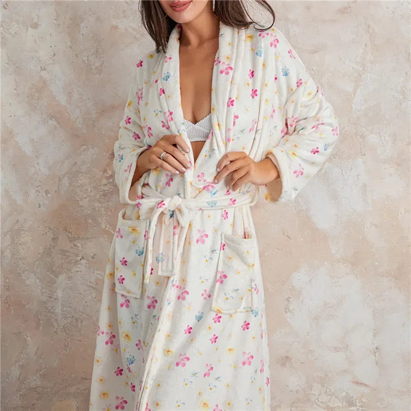 Women Y2k Fruit Robe Fleece Shawl Collar Bathrobe with Belt Cozy Spa Long Robe Open front Nightgown Loungewear