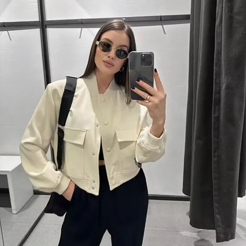 Bomber Jacket Women 2023 Fashion Button Pocket Long Sleeve Crop Tops Streetwear Baseball Jackets Winter Casual Coats Outerwear