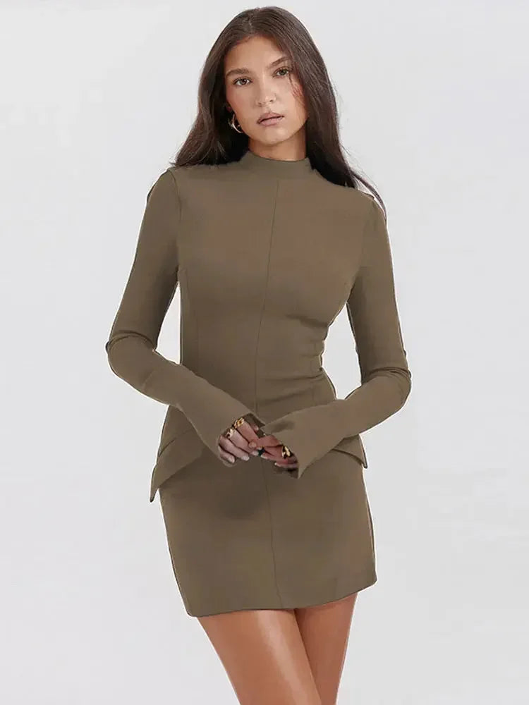 Women Elegant Dark Blue Commuting Mini Dress 2023 Autumn Sexy Pocket Long Sleeve Bodycon Dresses Lady Chic Party Club Robe