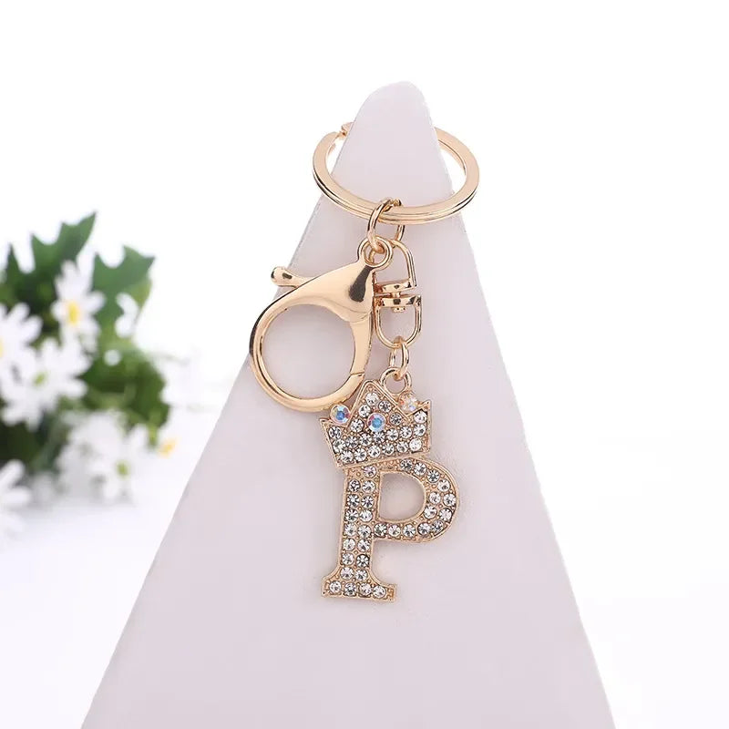 Luxury Crown 26 Letter Metal Keyring Fashion Rhinestone Keychain