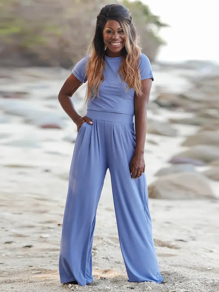 LUX Ladies Classic Lounge Short Sleeve Top + Wide Leg Pants Set