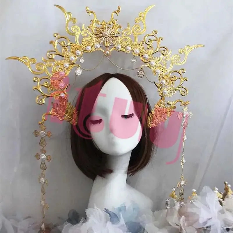 Sun Goddess Angel KC Halo Crown Headpiece Queen Anna Baroque Pearl Tiara Headband Lolita Collection Gothic Accessories