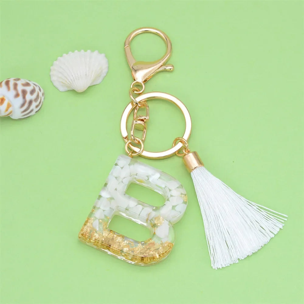 Fashion Bling A to Z Letter Keychain With White Tassel 26 Initial Keychain Car Key Holder Handbag Accessories