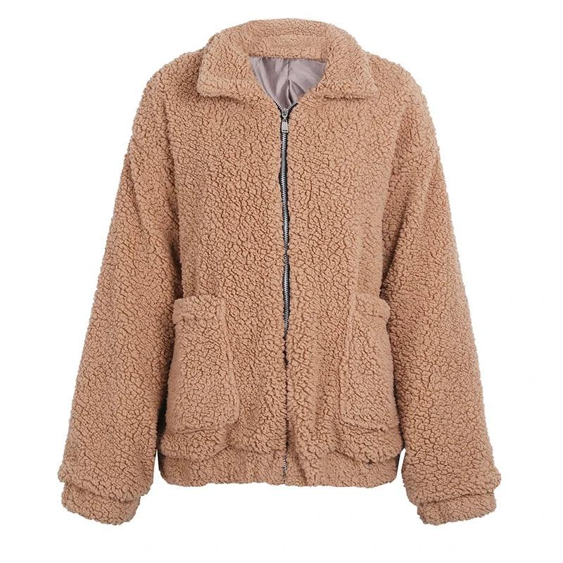 FMFSSOM Fashion Autumn Women Teddy Bear Fluffy Jacket Stand Collar Loose Plush Jacket Brown Solid Warm Outwear Faux Lamb Coats