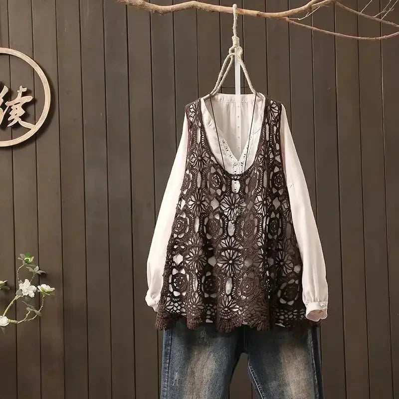 2024 Women Beach Crochet Daily Hollow Out Knit Loose-fitting Round Collar Spaghetti Strap Crop Top Scalloped Loose Vest L45