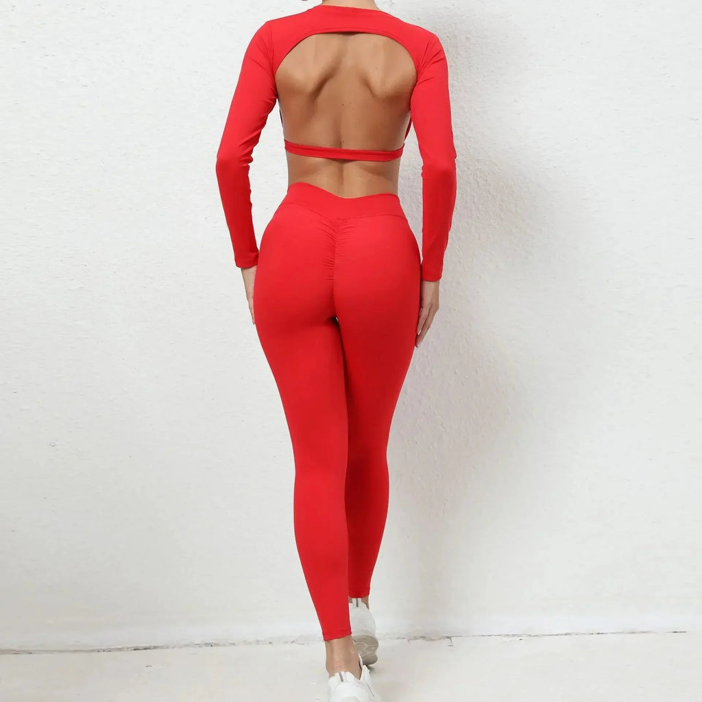Seamless Backless Yoga Sets Sports Fitness High Waist Hip-lifting Trousers Long-Sleeved Suit Workout Gym Leggings Set for Women