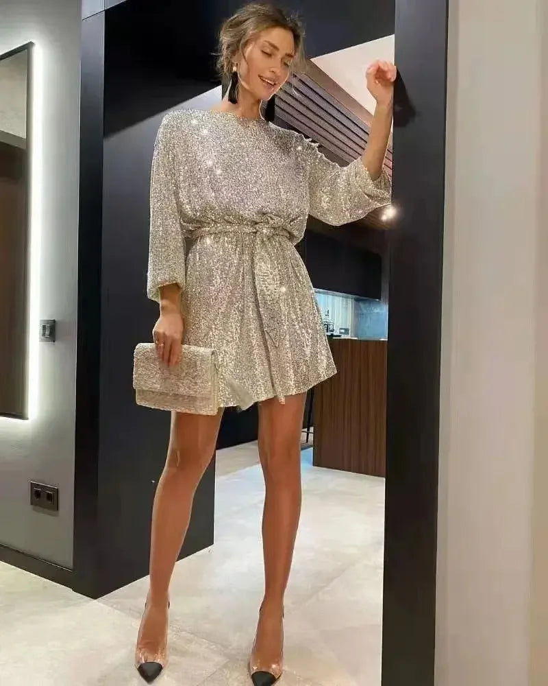 Women Loose Sparkly Prom Dresses 2023 Gold Black Silver Sequin Round Neck Short Party Dress With Belt Elegant Night Club Outfits